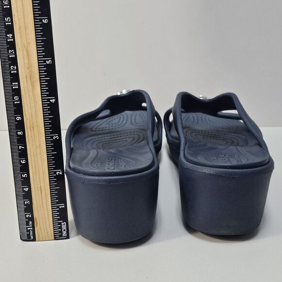 Crocs Sandals Women 9 Sanrah Beveled Circle Wedge Blue Comfort Summer Slides - Picture 10 of 12